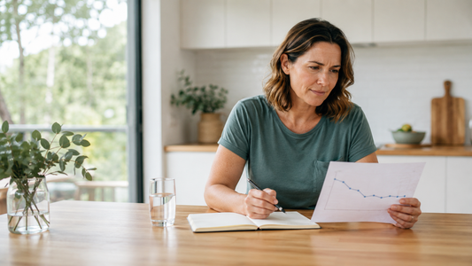 Woman reviewing a weekly weight-progress chart showing a plateau at a kitchen bench.