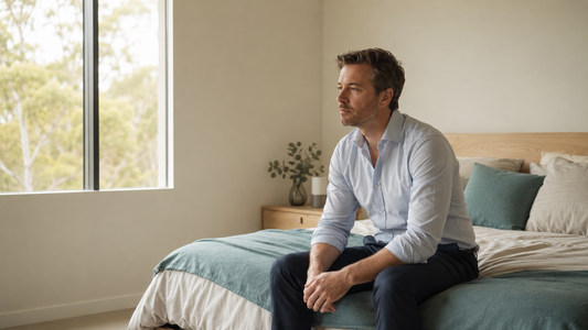 Tired professional sitting on the edge of a bed in soft morning light.