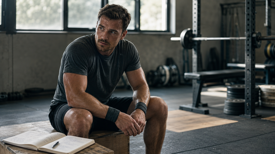 Strength athlete reflecting after training with an open training log nearby.